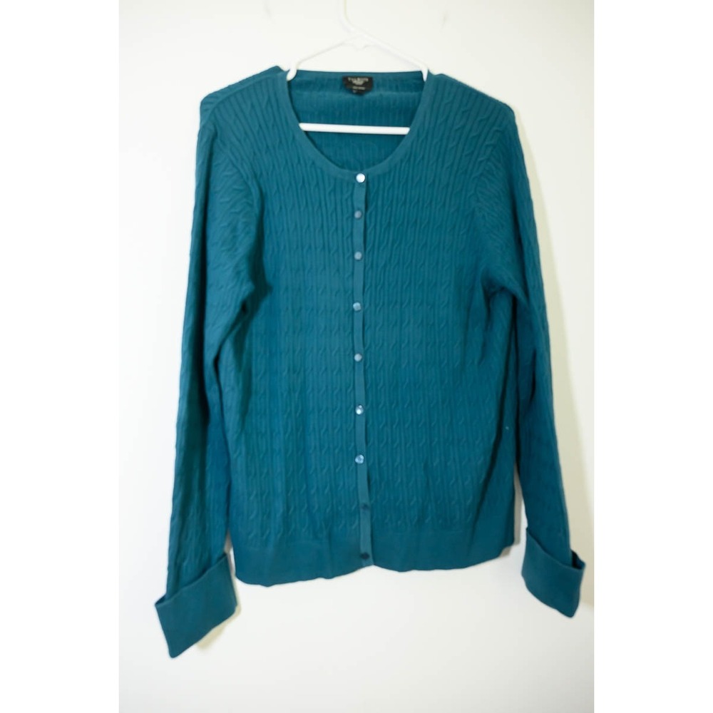Talbots Cardigan 1X Teal Blue Excellent Pima Cotton Cable Knit Button Front
